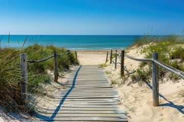Wooden Path Access to Beach in Sand Dunes of Vendee on Noirmoutier Island, France
