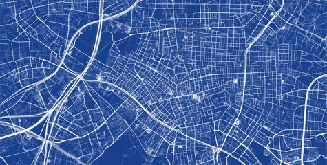 Vector city map of suburban lifestyle, with white lines on a blue background