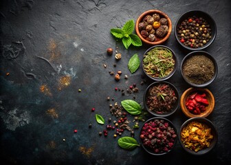 Four Bowls of Organic Herbal Tea Blends on Dark Background - Perfect for Tea Lovers and Herbal Enthusiasts - Copy Space for Branding and Marketing
