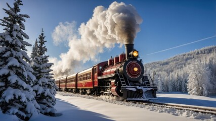 Fototapeta premium A steam locomotive chugging through a snow-covered forest, releasing puffs of steam, evoking a timeless winter atmosphere