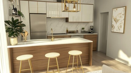 Modern Kitchen Interior with Gold Accents and Wooden Bar Stools