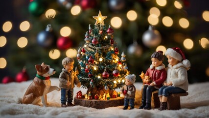 A tiny Christmas tree with miniature figures of people gathered around, capturing a charming and festive winter atmospher