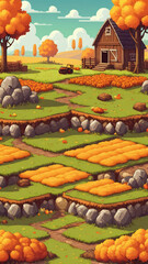 Farm and field, autumn season.mobile game asset. Game environment set, hay day, stardew valley style