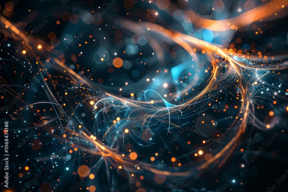 Poster wavy pattern forming from illuminated particles floating and flowing on dark blue background