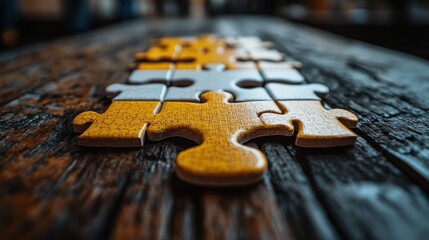 Close-up of puzzle pieces on rustic wooden table, yellow piece, teamwork concept, problem-solving, game strategy, assembling, pieces on wood, teamwork metaphor, challenge
