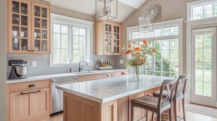 Kitchen Island with White Marble Countertop, Wooden Cabinets, and Two Bar Stools