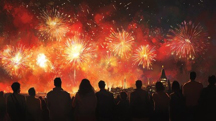 Spectacular fireworks display illuminating the night sky, people admire the vibrant colors and stunning patterns.