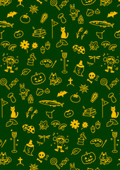 かわいい手描きの秋イメージ緑背景パターン