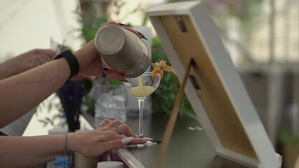The bartender skillfully shakes a cocktail, showcasing mixology artistry and creating a delightful experience