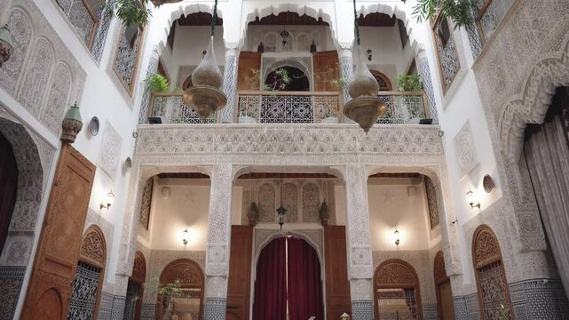 Traditional Interior of a Moroccan Riad with Intricate Design