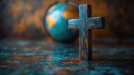 Rustic wooden cross with blurred globe background, symbolic religious display, global faith, spirituality, peaceful setting, weathered texture, faith symbol, faith and earth connection
