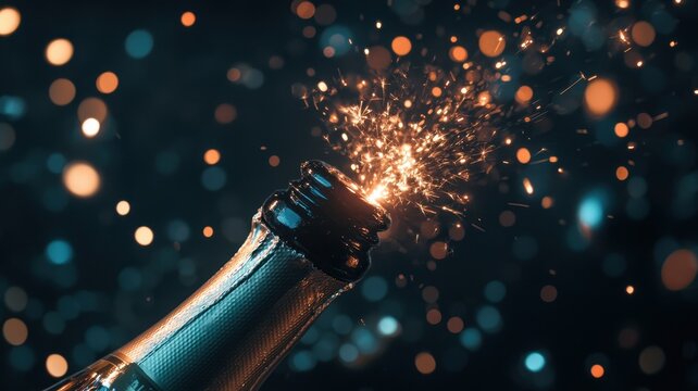 Champagne bottle opening with a burst of bubbles, celebrating joy and special moments.