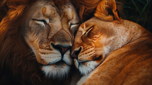 Lion and lioness cuddling, tender moment, resting close together, peaceful wild cats, African wildlife love, bond, family affection, animal warmth, nature scene