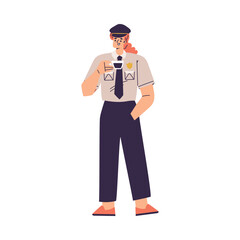Policewoman Character in Uniform with Tie Drink Coffee Vector Illustration
