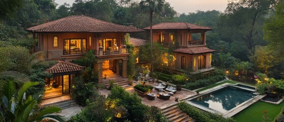 Obraz premium Two-story luxury villa with a pool and lush landscaping.