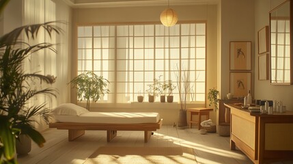Serene interior of a minimalist bedroom with plants, natural light, and a calm atmosphere.