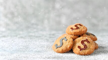 Delicious cookies with dollar signs on a snowy background