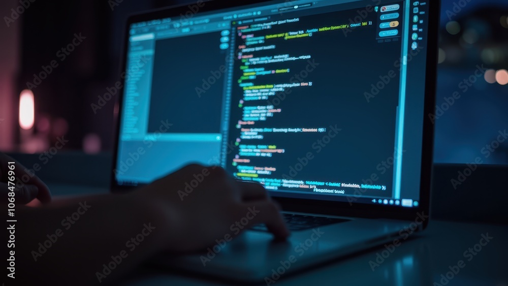 Poster coding on laptop screen with colorful text