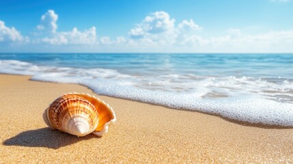 Obraz premium Solitary seashell resting on soft golden sand, gentle waves lapping nearby, evoking tranquility and the beauty of nature's simplicity