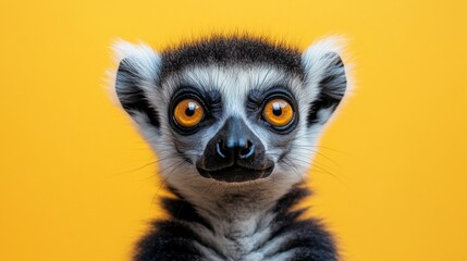 Naklejka premium Close-up of ring-tailed lemur with orange eyes, yellow background, expressive face, detailed fur, exotic animal, curious gaze, wildlife photography, primate portrait