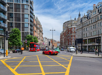 London - 06 16 2022: Junction of Knightsbridge Rd, Brompton Rd and Sloane St