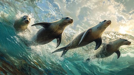Obraz premium Sea Lions Playing in the Waves