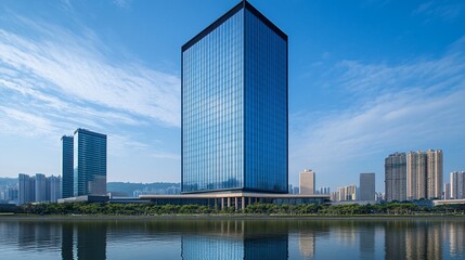 Obraz premium A modern glass skyscraper with reflective windows stands tall against a bright blue sky, surrounded by other buildings and a calm lake.