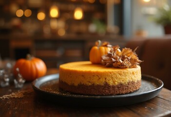 Fototapeta premium Slice Of Pumpkin Cheesecake With A Caramel Top And Dried Pumpkin Leaves In A Cozy Restaurant Setting