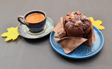 cup of coffee and chocolate cake