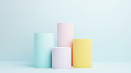 Cylinders podiums of pastel colours, clean blue background. Aesthetic product template. Generative AI