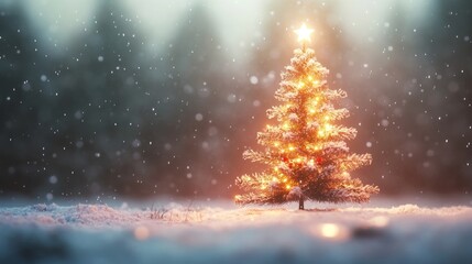 Glowing Christmas Tree in Soft Focus with Snow