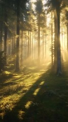Naklejka premium Sunlight streams through towering trees in a serene forest, casting golden hues and gentle shadows on the lush ground.