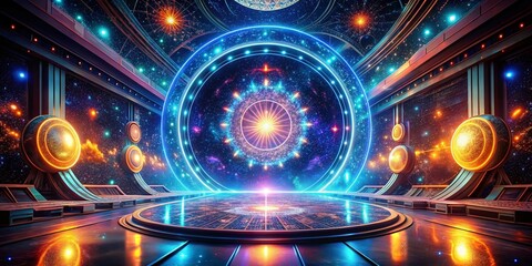 Glowing Cybernetic Portal in Space - Stunning 3D Render of a Futuristic Gateway, Sci-Fi Elements, Neon Lighting, Intergalactic Travel Concept, Visualizing the Unknown, Portal Design