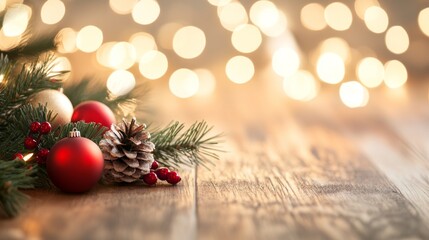 Festive Lights with Holiday Decorations on Wooden Background