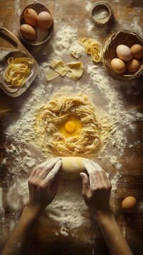 Hands kneading dough surrounded by eggs, flour, and pasta on a rustic kitchen surface, capturing the art of homemade pasta.