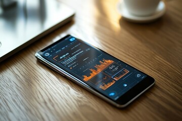 Analyzing Data Trends: A Close-Up of a Smartphone Displaying Financial or Performance Metrics on a Contemporary Wooden Table