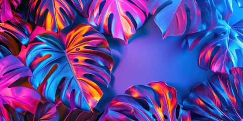 tropical leaf colorful pink blue yellow purple flat lay top view jungle neon light