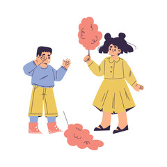Polite Girl Character Give Candy Floss to Crying Friend Having Good Manners Vector Illustration