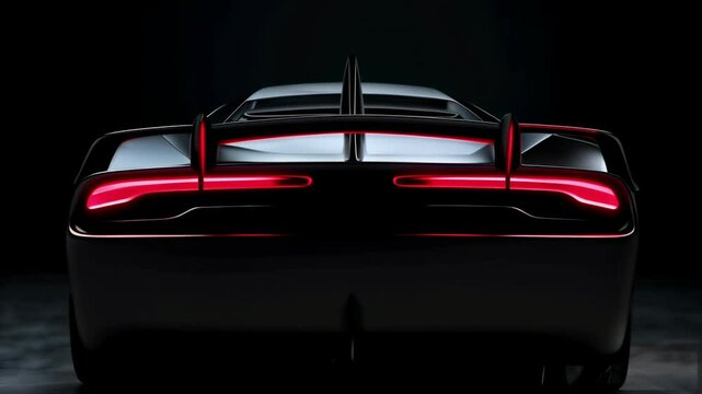 Rear View of Futuristic Sports Car with Glowing Tail Lights. Luxury Automobile Design, Automotive Industry Concept. 4K Video