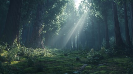 Obraz premium Peaceful forest scene with sunlight beaming through tall trees, illuminating lush greenery and creating a tranquil atmosphere.
