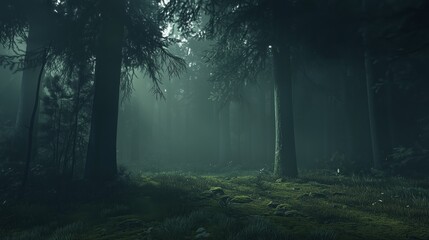 Obraz premium A serene, misty forest scene with sunlight filtering through tall trees, creating an enchanting and mysterious atmosphere.