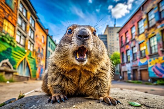 Groundhog Makes Funny Expression for Meme - Urban Exploration Photography of Marmota monax in Action