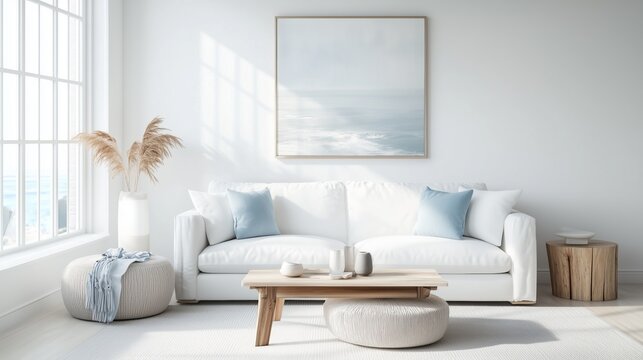 Bright, minimalist living room with coastal decor, featuring white sofa, blue cushions, wooden accents, and ocean-inspired artwork.