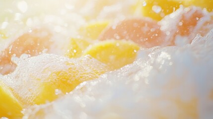 Close-up of citrus fruits submerged in bubbles, suggesting freshness and a refreshing drink.