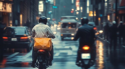 Motorcycle riders navigate a wet urban street, showcasing city life and mobility during rain.