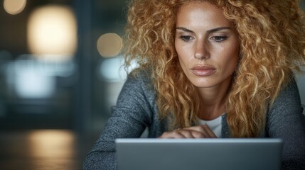 Focused Woman Working on Laptop in Modern Setting