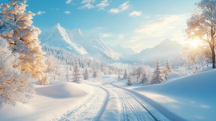 Snowy road leading through a winter wonderland with mountains in the background.