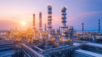 Aerial view of a sprawling refinery bathed in warm hues of sunset, showcasing industrial beauty and energy production.