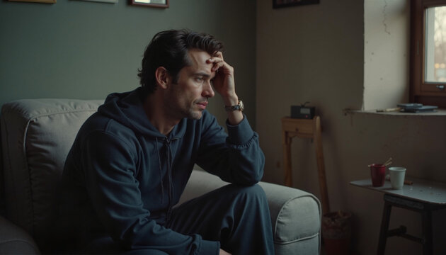 Thoughtful man in casual wear sitting alone on couch at home. Man rubbing his face .