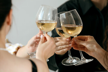 People clinking glasses of wine indoors, closeup